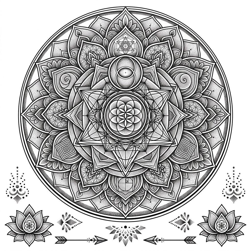 idée tatouage cuisse femme mandala de cuisse, design sur fond blanc