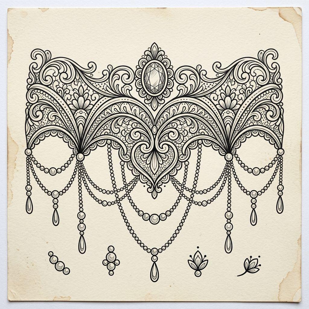 idée tatouage cuisse femme jarretière ornementale, design sur fond blanc