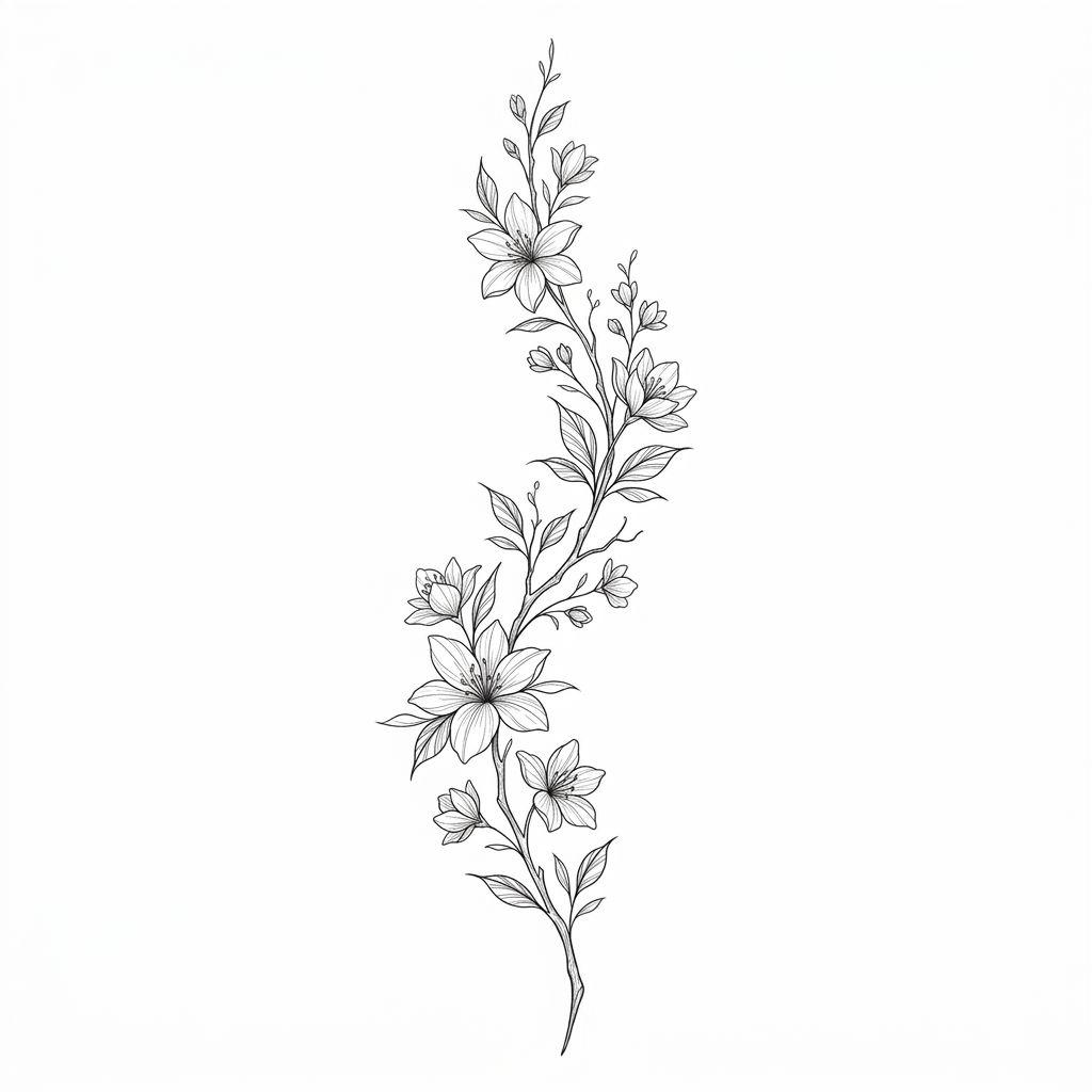 idée tatouage cuisse femme branche fleurie verticale, design sur fond blanc