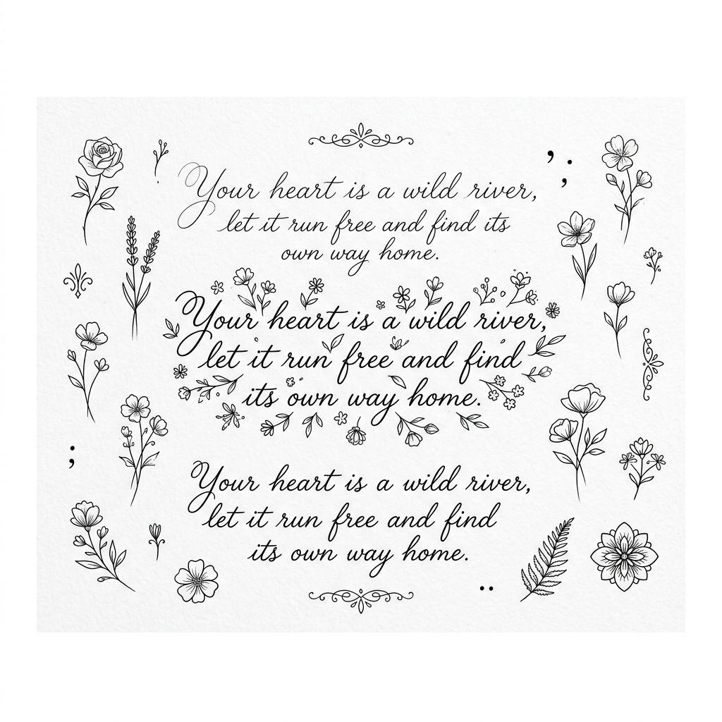idée tatouage cuisse femme citation et fleurs, design sur fond blanc