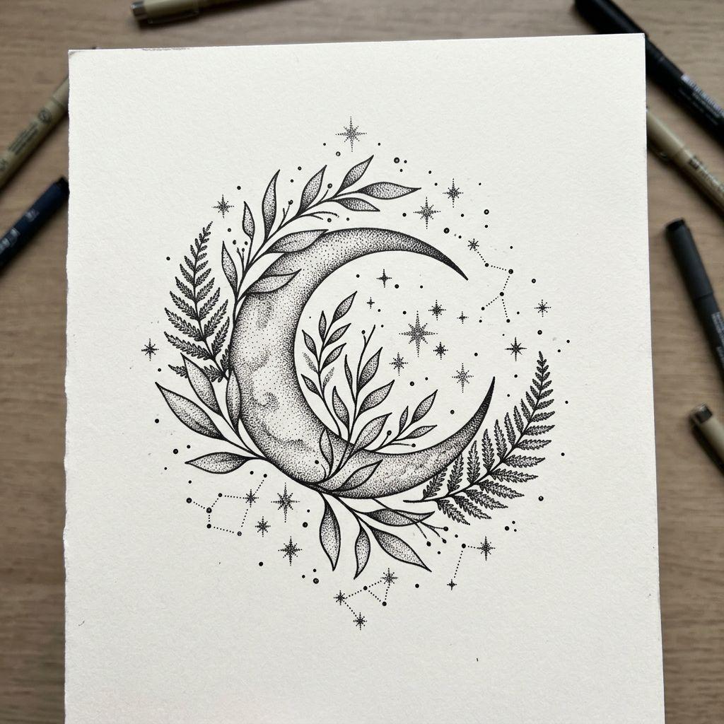 idée tatouage cuisse femme lune et botanique, design sur fond blanc