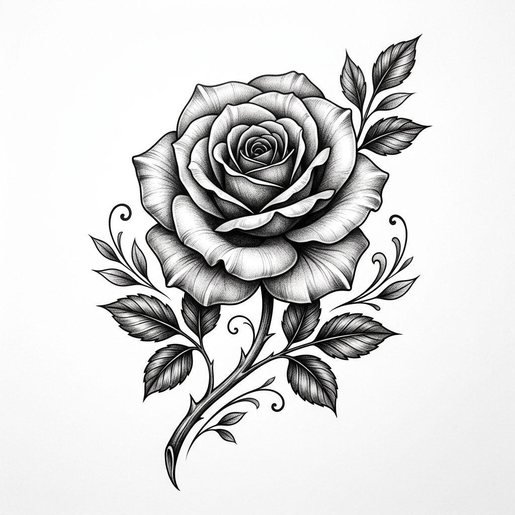 idée tatouage cuisse femme rose réaliste, design sur fond blanc