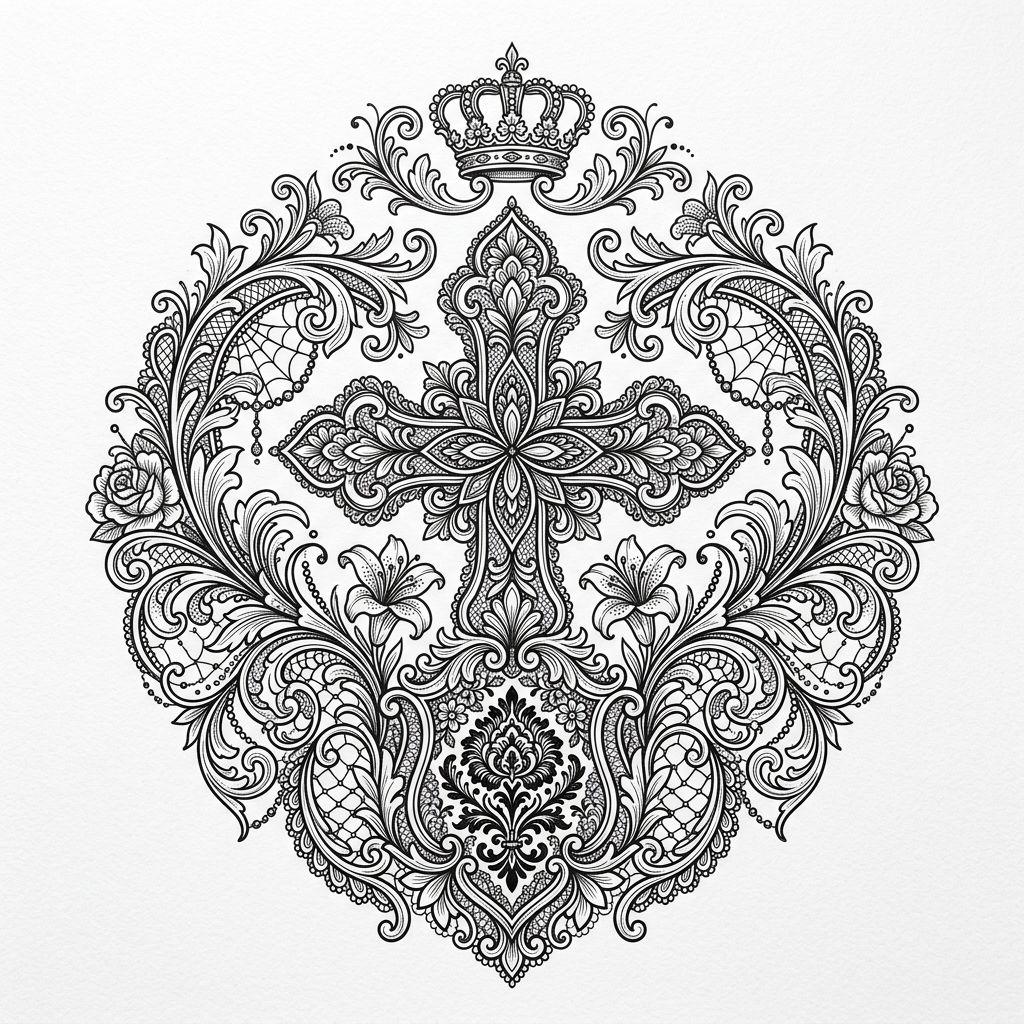 idée tatouage cuisse femme ornemental dentelle, design sur fond blanc