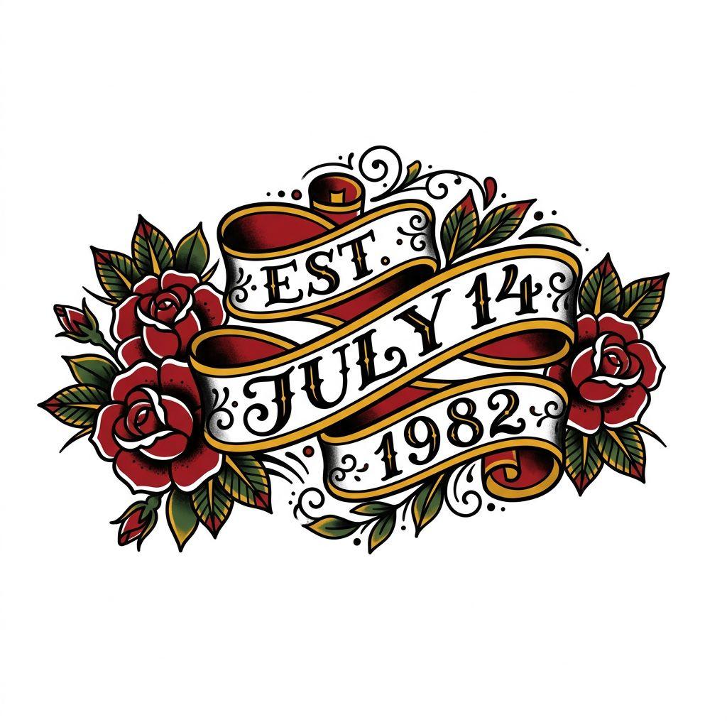 idée tatouage date de naissance date old school banner, design sur fond blanc