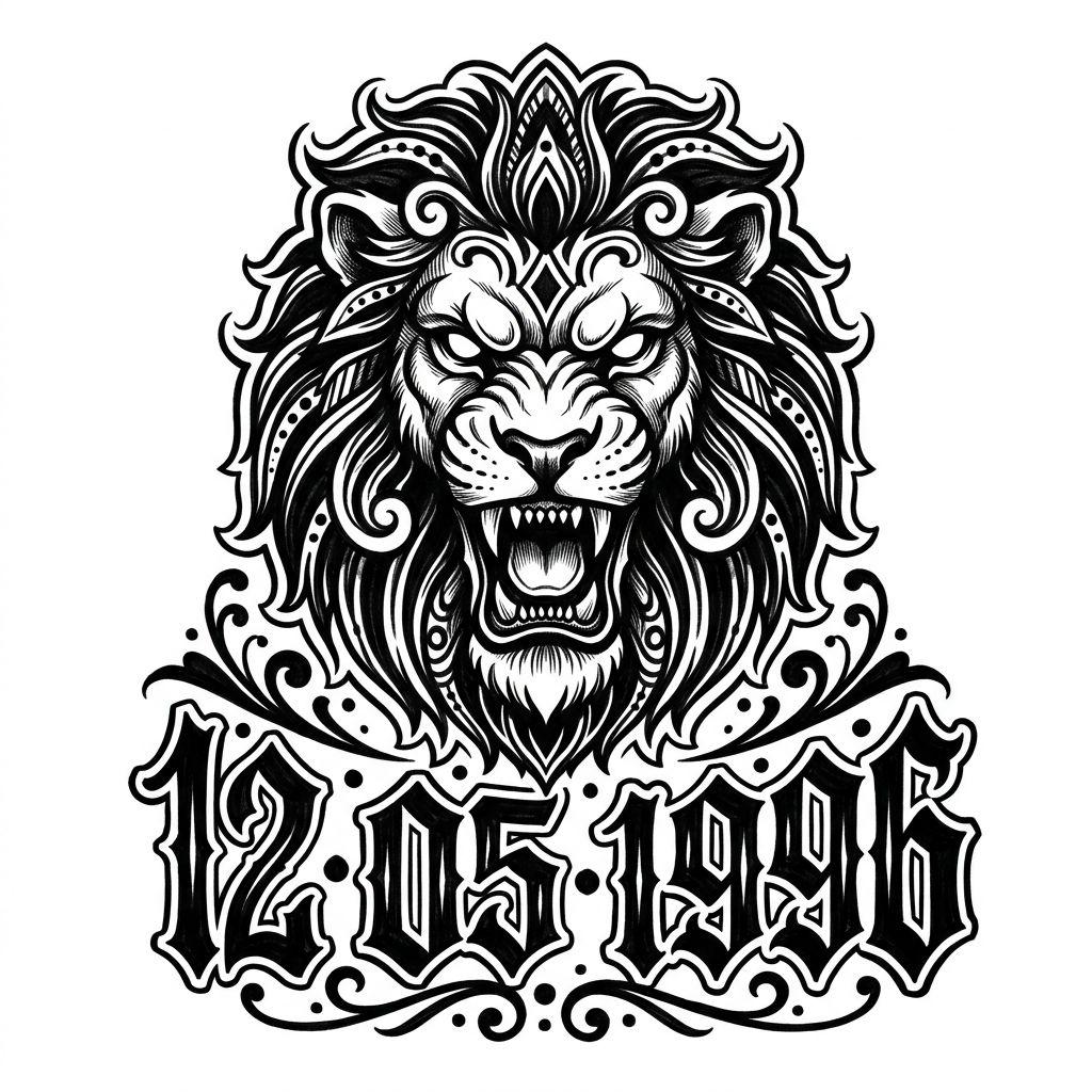 idée tatouage date de naissance date et lion, design sur fond blanc