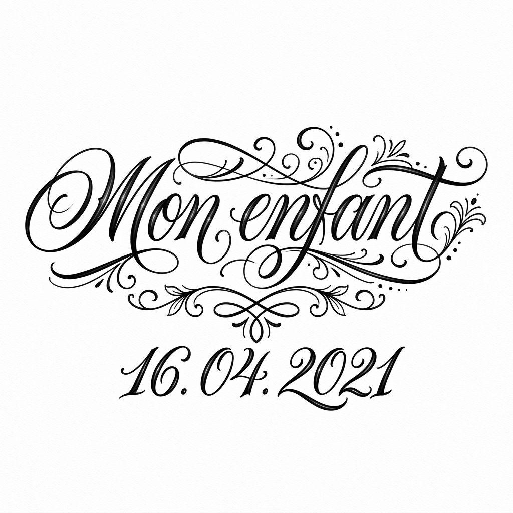 idée tatouage date de naissance manuscrit 'mon enfant', design sur fond blanc