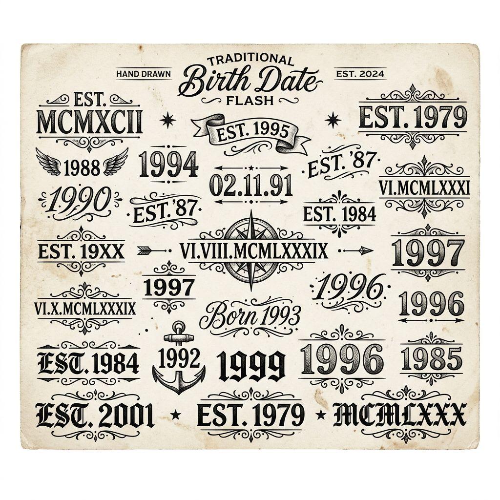 idée tatouage date de naissance patchwork dates flash, design sur fond blanc
