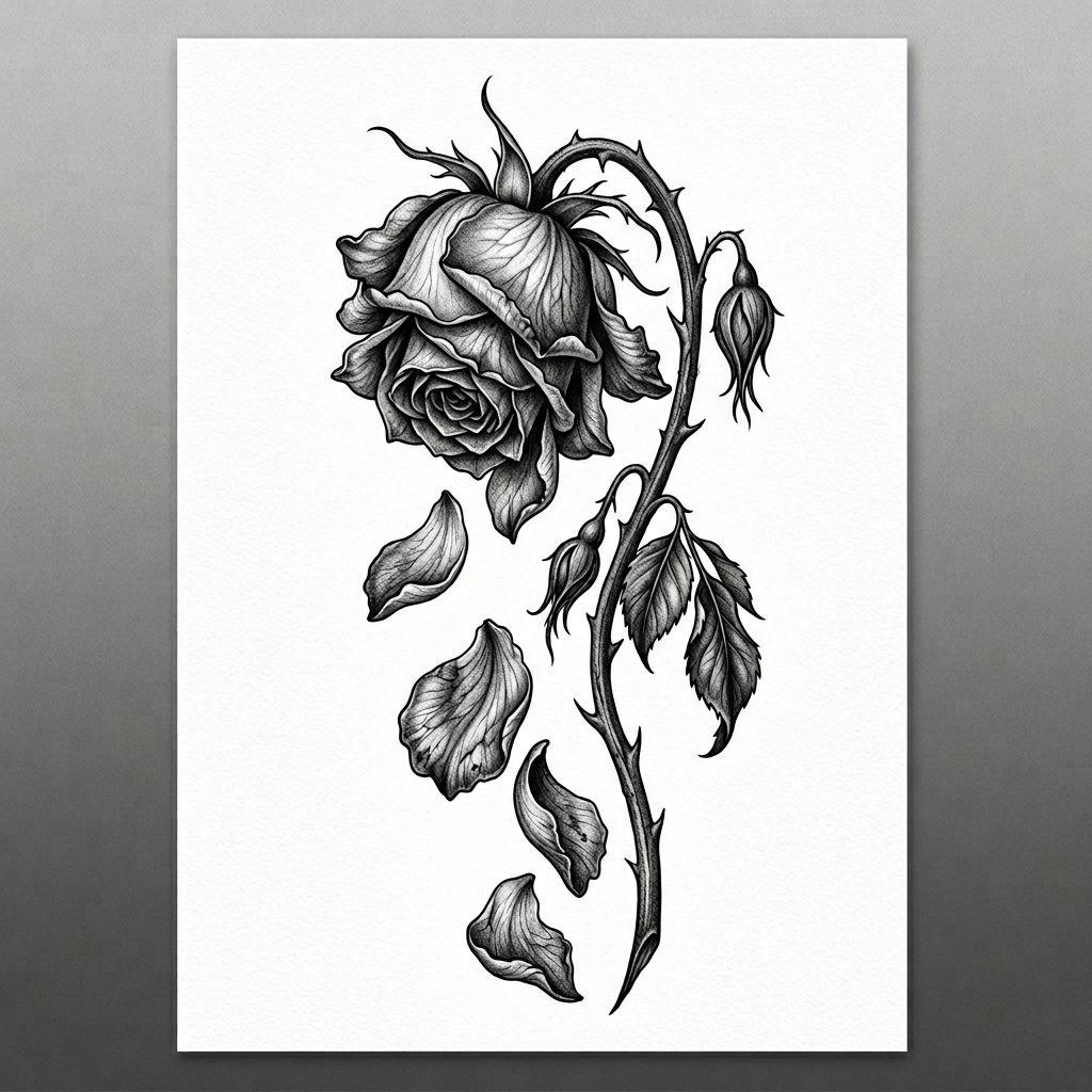 idée tatouage deuil rose mémorielle réaliste, design sur fond blanc