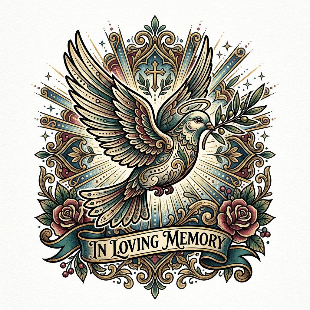 idée tatouage deuil colombe néo-traditionnelle, design sur fond blanc