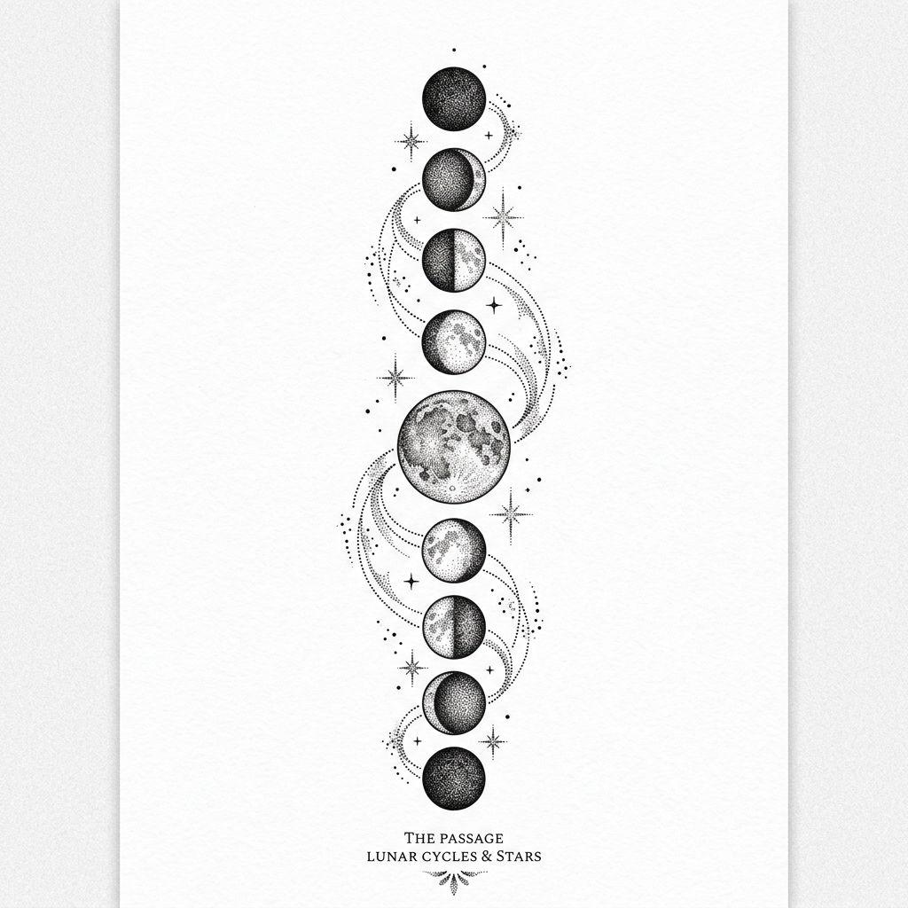 idée tatouage deuil phases lunaires deuil, design sur fond blanc