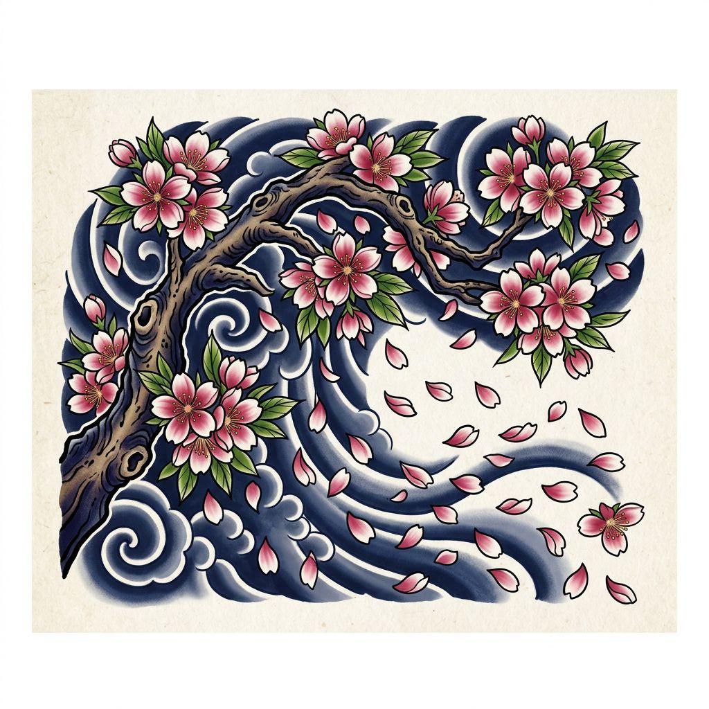 idée tatouage deuil cerisier japonais, design sur fond blanc