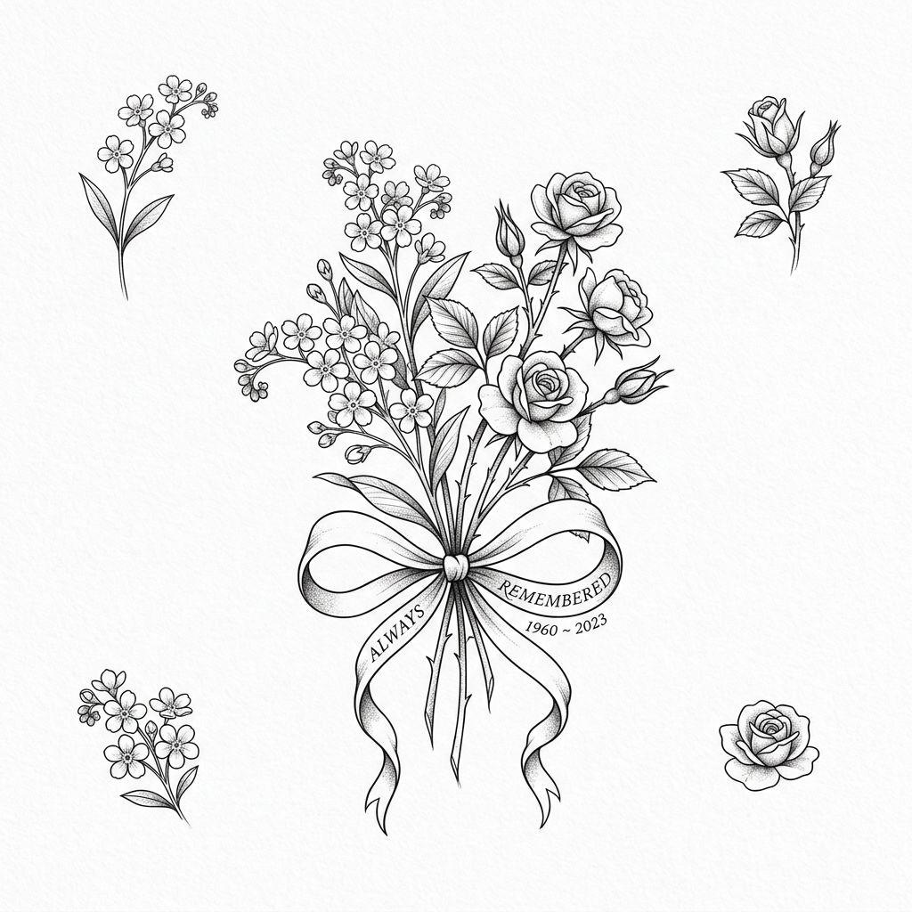 idée tatouage deuil bouquet floral mémoriel, design sur fond blanc