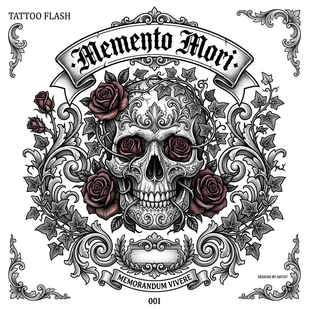 idée tatouage deuil crâne et roses memento, design sur fond blanc
