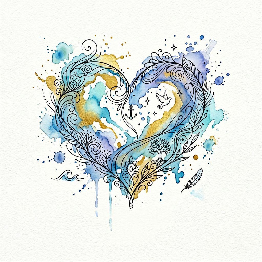 idée tatouage deuil cœur abstrait aquarelle, design sur fond blanc