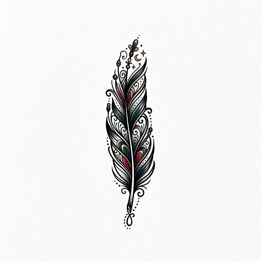 idée tatouage doigt plume néo-traditionnelle, design sur fond blanc
