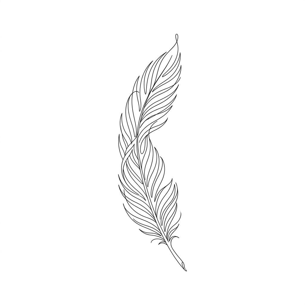idée tatouage dos plume minimaliste verticale, design sur fond blanc