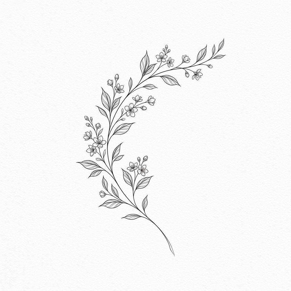 idée tatouage dos branche florale fine line, design sur fond blanc