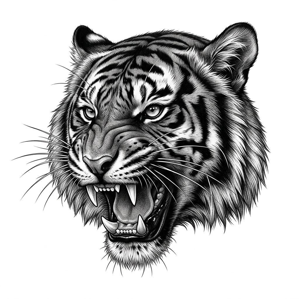 idée tatouage dos tigre réaliste rugissant, design sur fond blanc