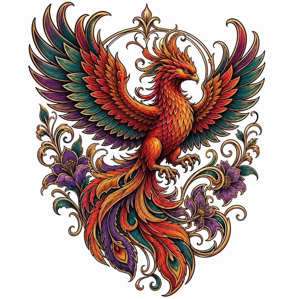 idée tatouage dos phénix néo-traditionnel, design sur fond blanc