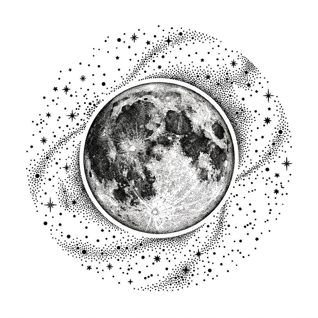 idée tatouage dos lune et étoiles dotwork, design sur fond blanc