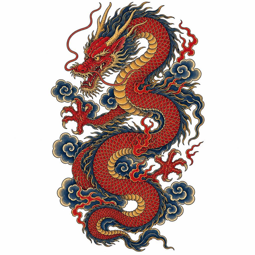 idée tatouage dos dragon japonais sinueux, design sur fond blanc
