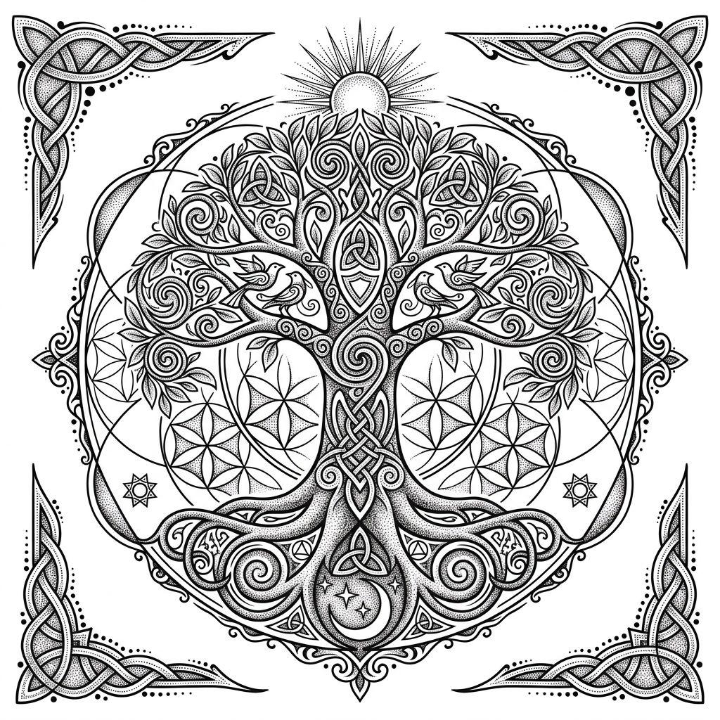 idée tatouage dos arbre de vie spirituel, design sur fond blanc