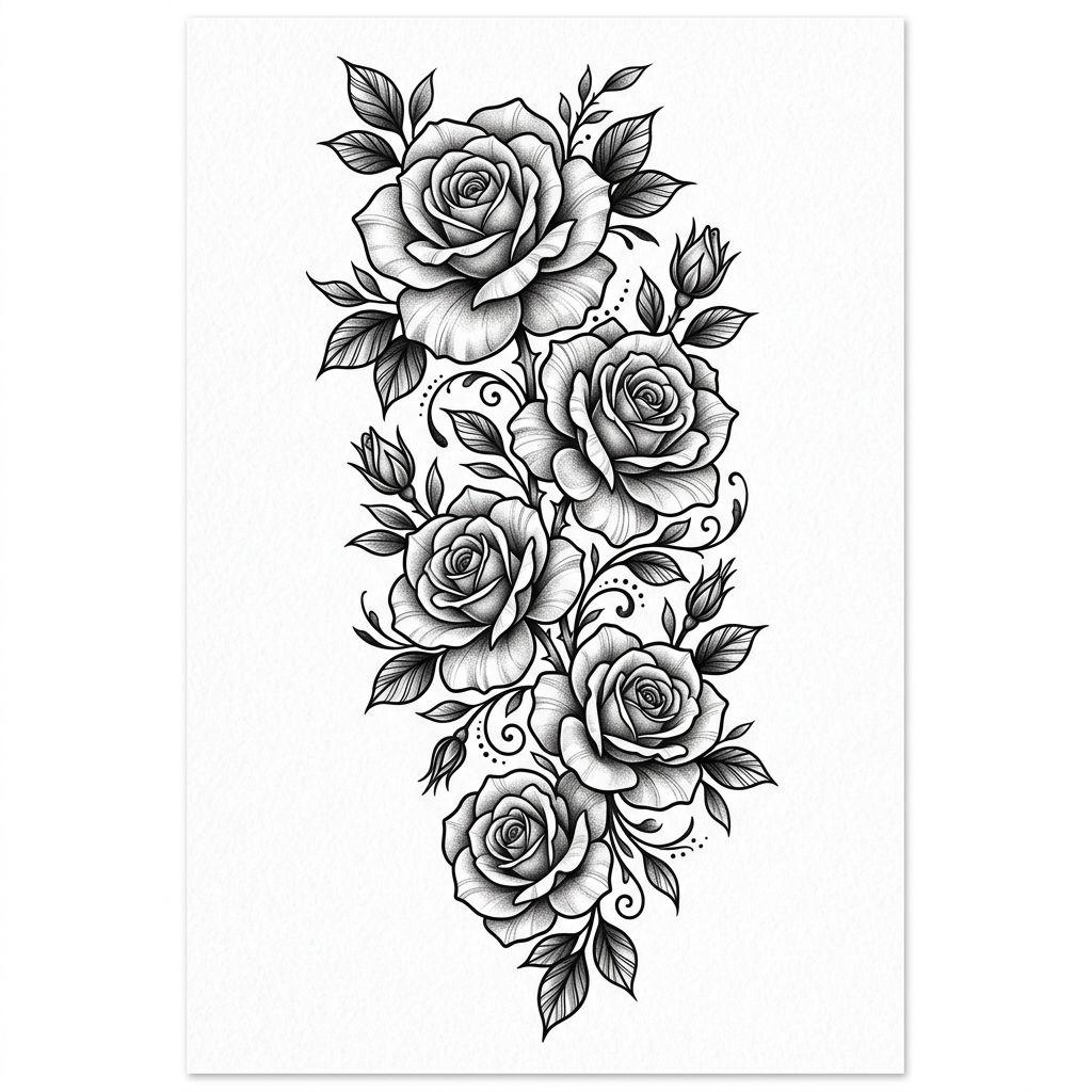 idée tatouage dos roses florales descendantes, design sur fond blanc