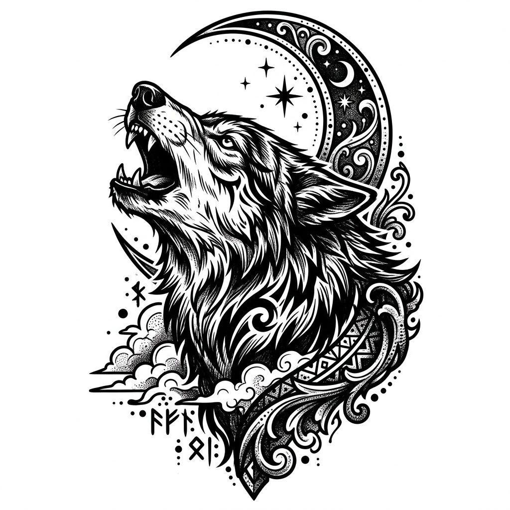 idée tatouage dos loup mystique blackwork, design sur fond blanc