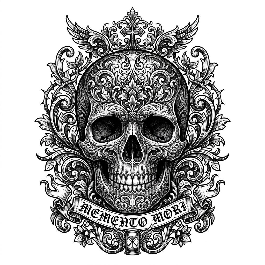 idée tatouage dos crâne ornemental baroque, design sur fond blanc