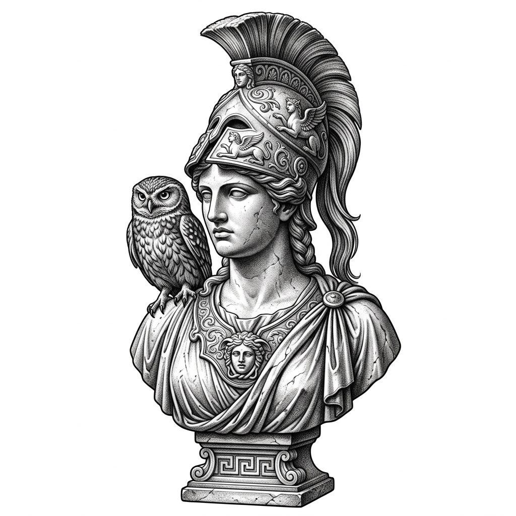 idée tatouage dos athéna mythologique, design sur fond blanc
