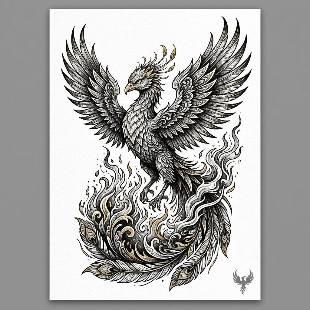 idée tatouage dos composition phénix premium, design sur fond blanc