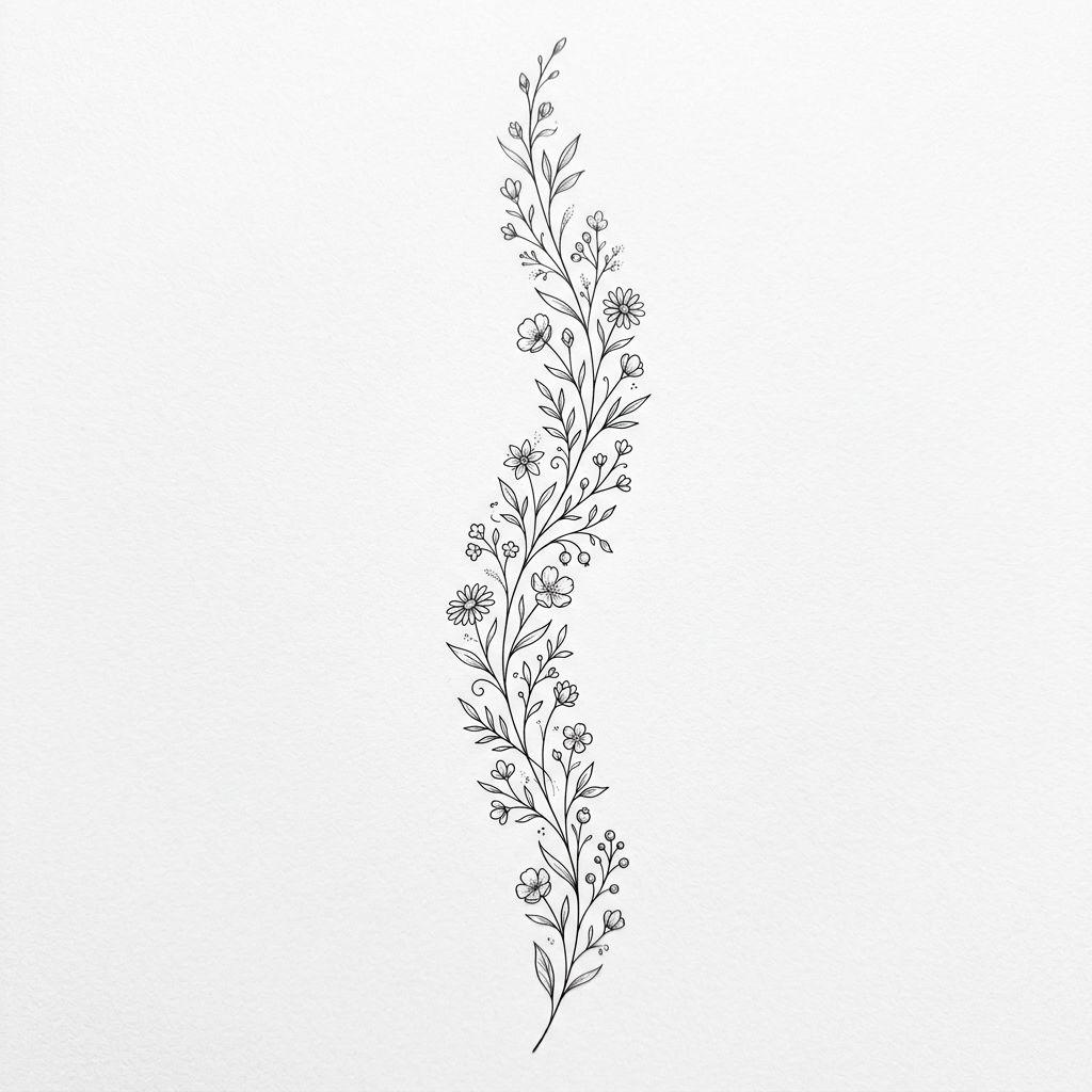 idée tatouage dos femme colonne florale fine line, design sur fond blanc