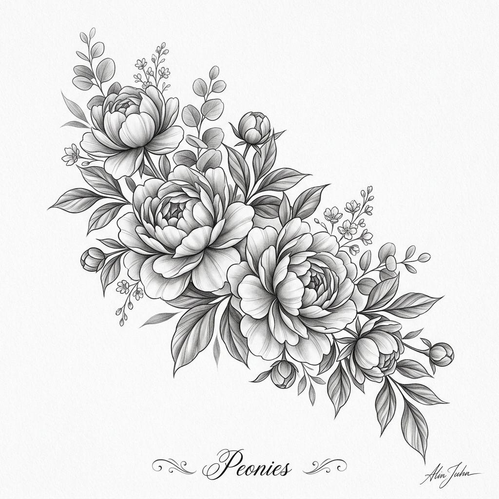idée tatouage dos femme pivoines réalistes omoplate, design sur fond blanc