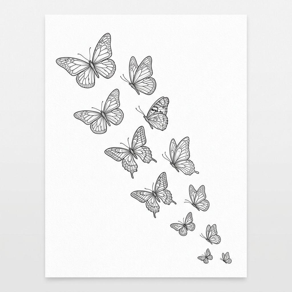 idée tatouage dos femme papillons en cascade, design sur fond blanc