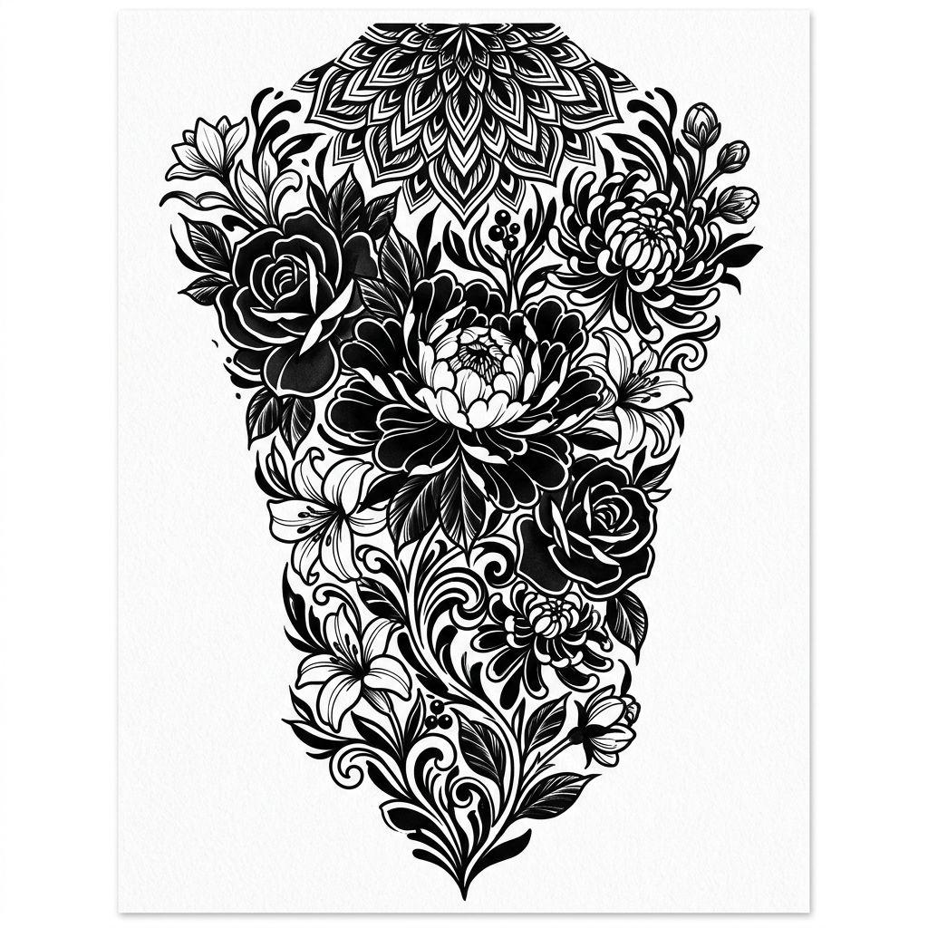 idée tatouage dos femme blackwork floral grande pièce, design sur fond blanc