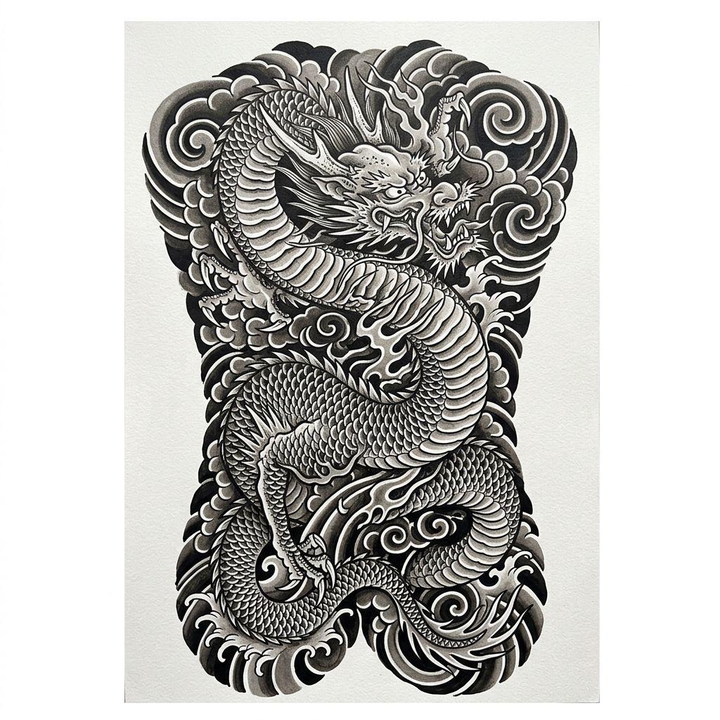 idée tatouage dos homme dragon japonais irezumi, design sur fond blanc