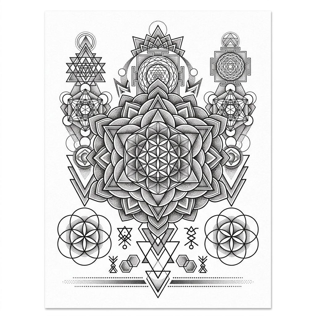 idée tatouage dos homme géométrie sacrée dorsale, design sur fond blanc