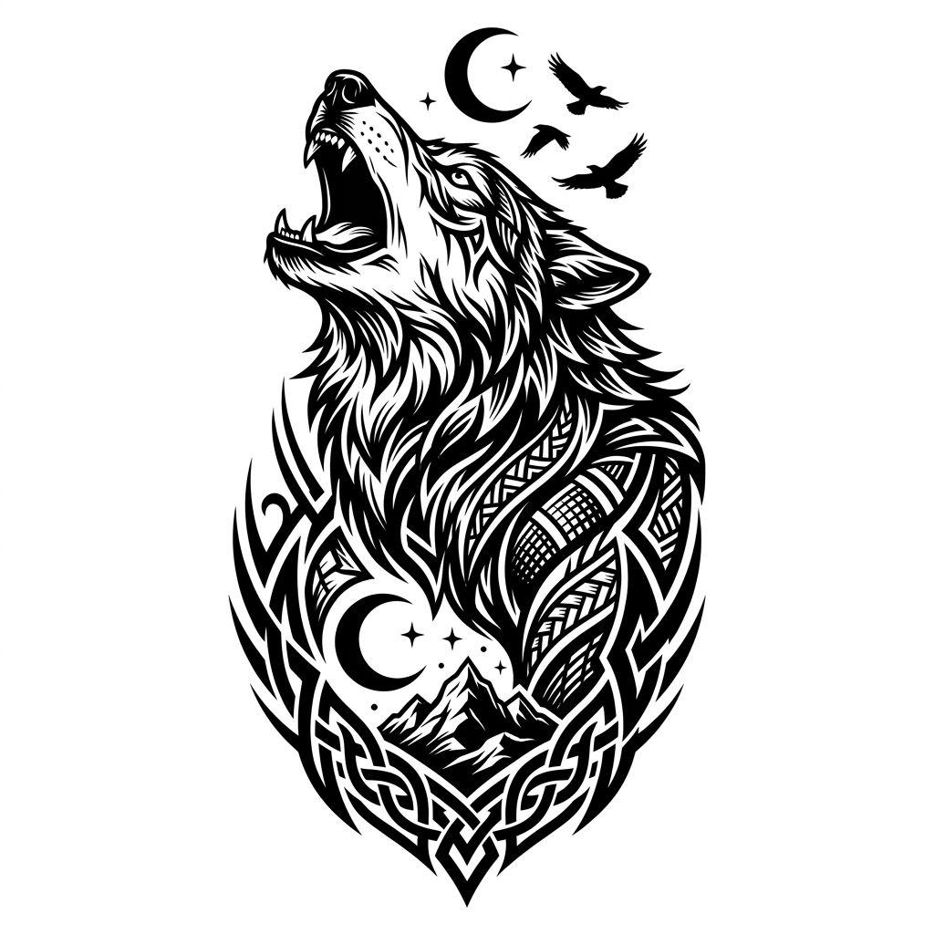 idée tatouage dos homme loup blackwork, design sur fond blanc