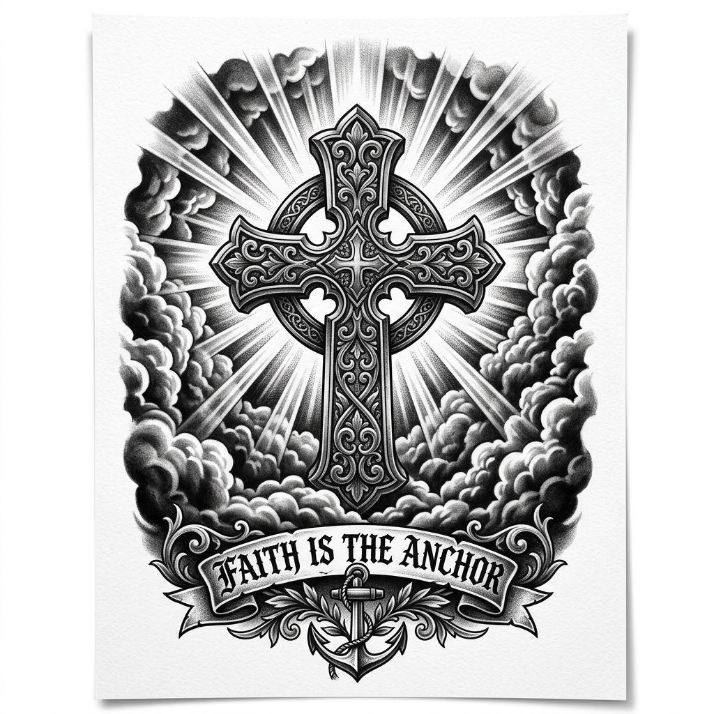 idée tatouage dos homme croix religieuse dos, design sur fond blanc