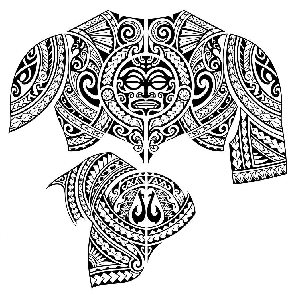 idée tatouage dos homme tribal polynésien épaule-dos, design sur fond blanc