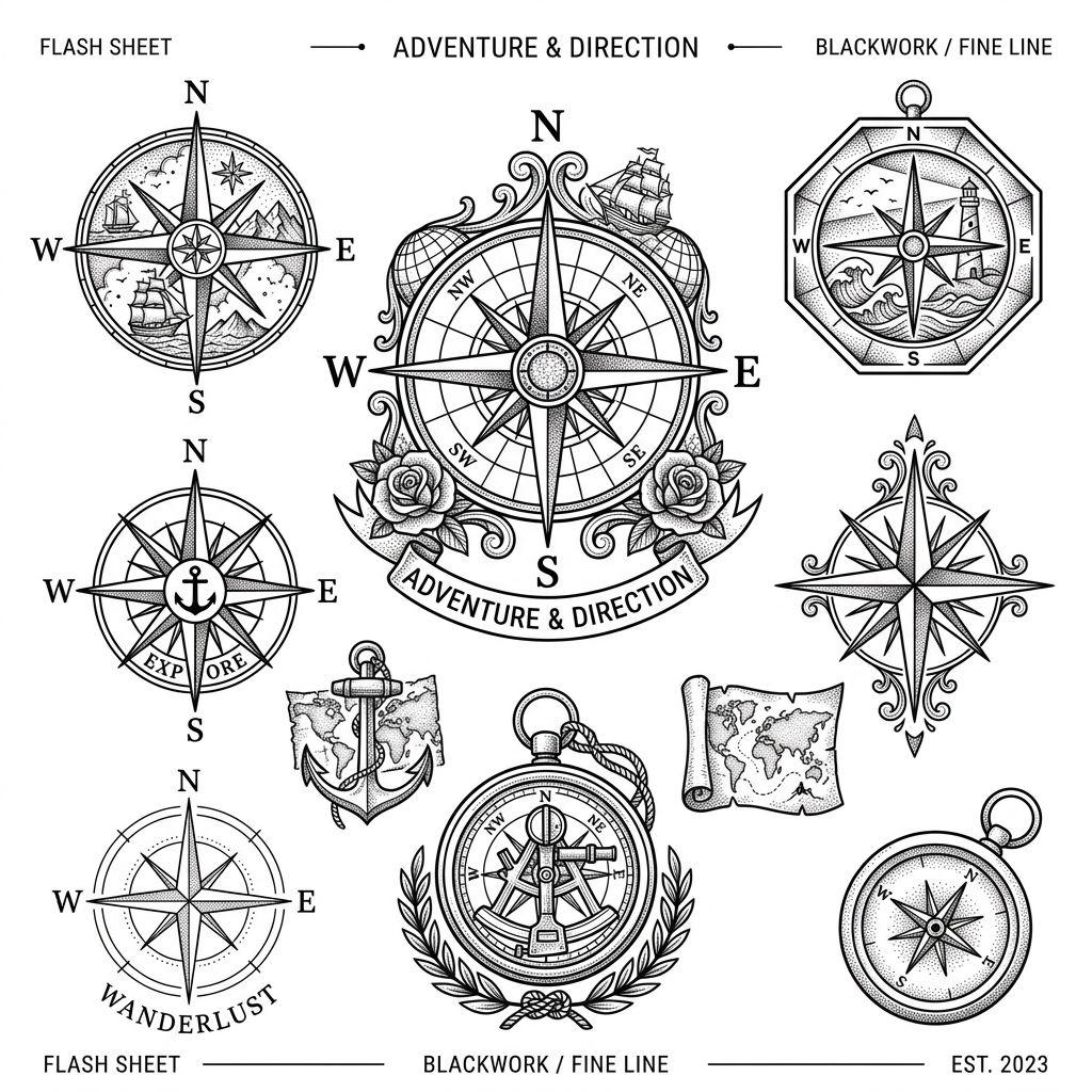 idée tatouage dos homme boussole et carte voyage, design sur fond blanc