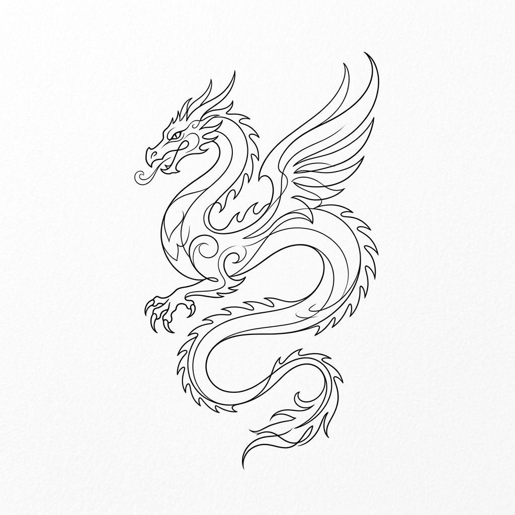idée tatouage dragon dragon single-line minimaliste, design sur fond blanc