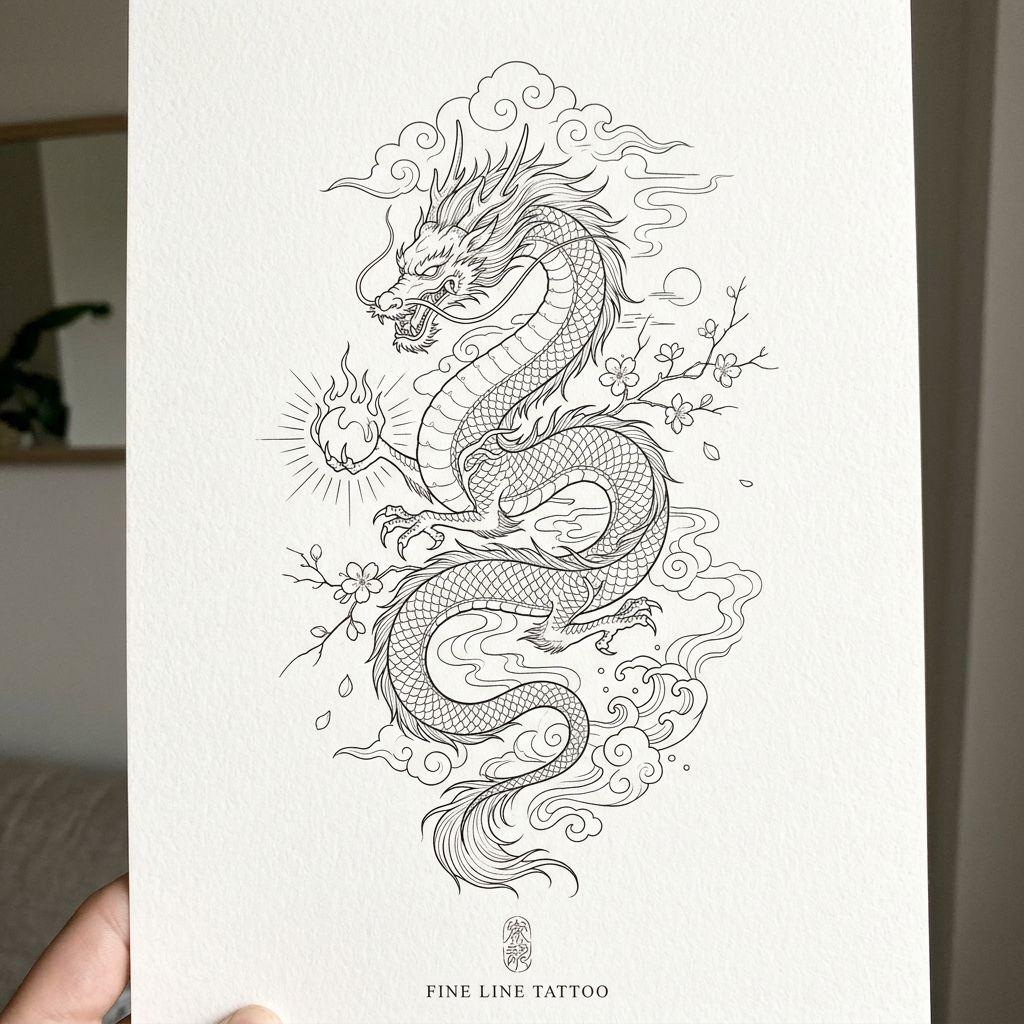 idée tatouage dragon dragon fine line oriental, design sur fond blanc