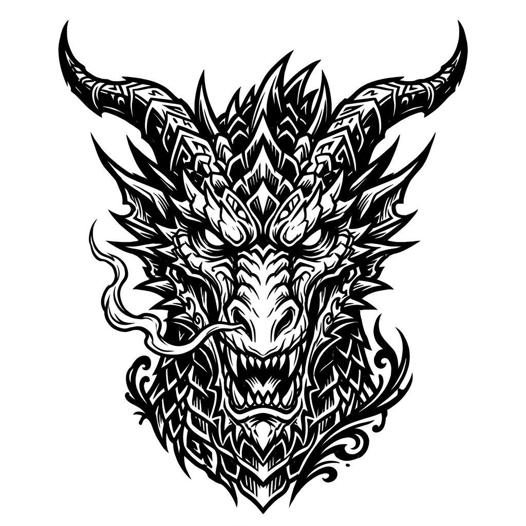 idée tatouage dragon dragon blackwork sombre, design sur fond blanc
