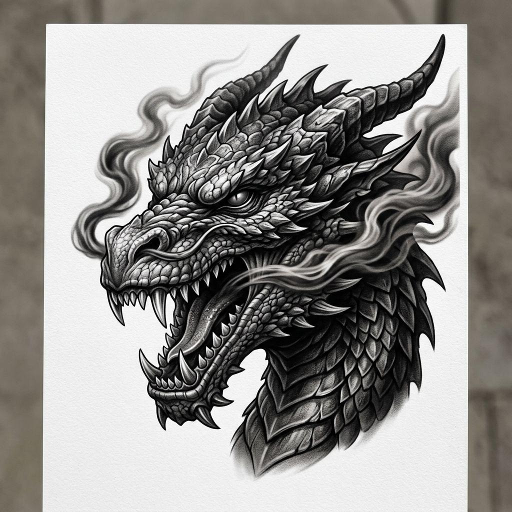 idée tatouage dragon dragon réaliste écailles, design sur fond blanc