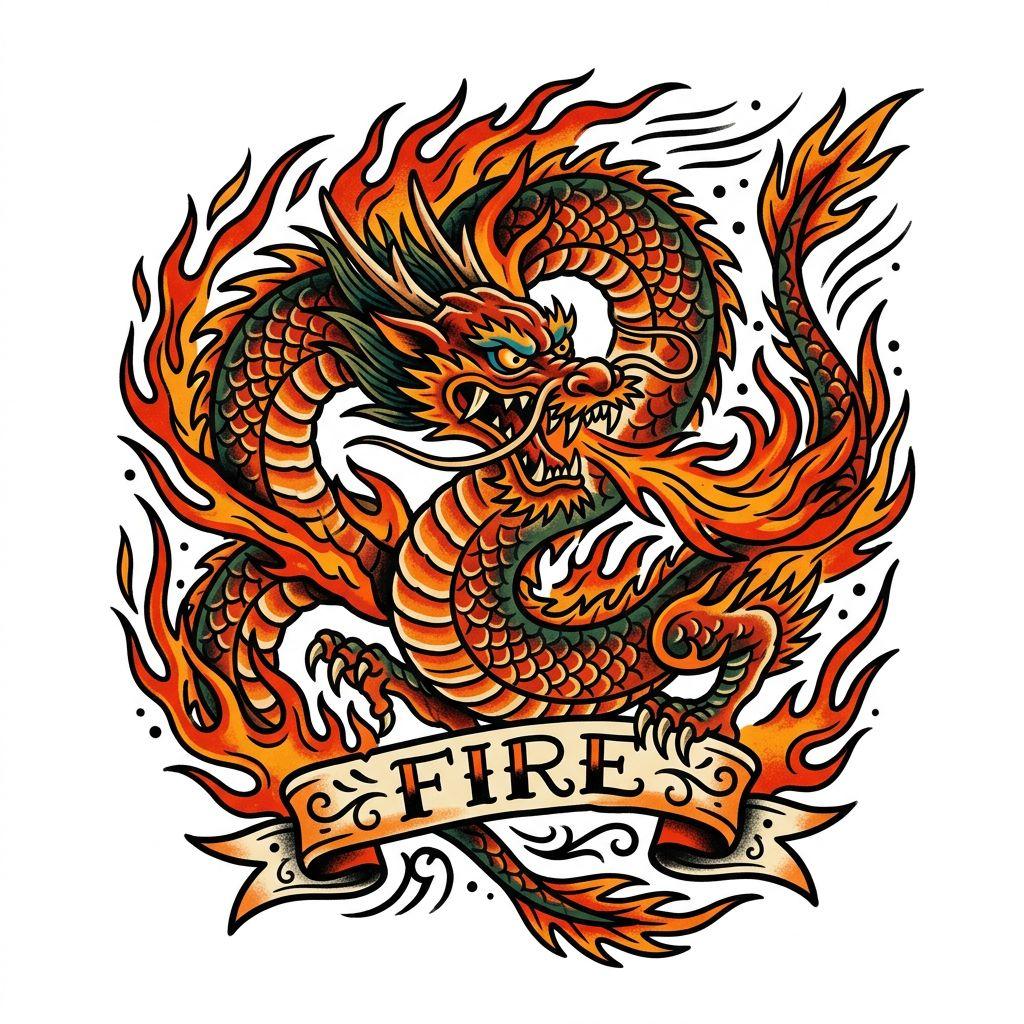 idée tatouage dragon dragon old school flamboyant, design sur fond blanc