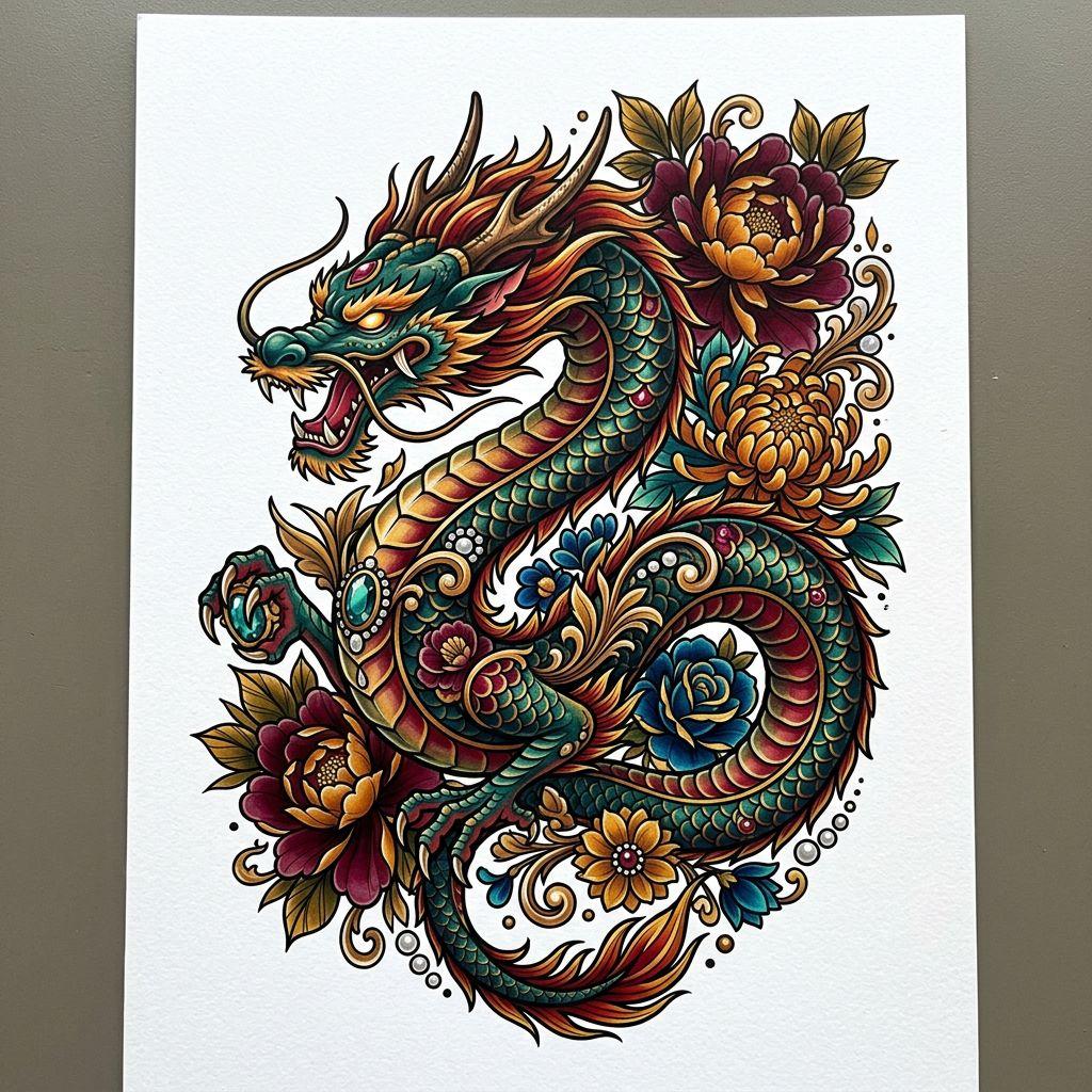 idée tatouage dragon dragon néo-traditionnel rich, design sur fond blanc