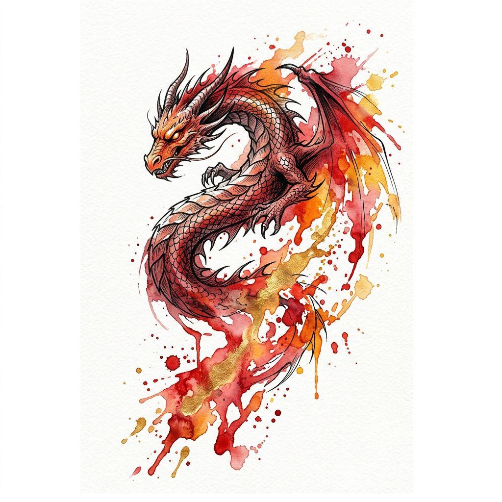 idée tatouage dragon dragon aquarelle vibrant, design sur fond blanc
