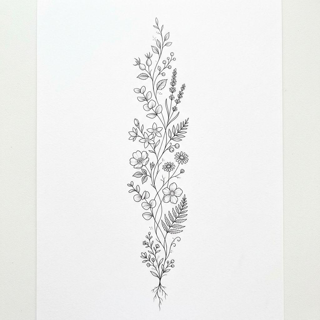 idée tatouage emplacement avant-bras fine line vertical, design sur fond blanc