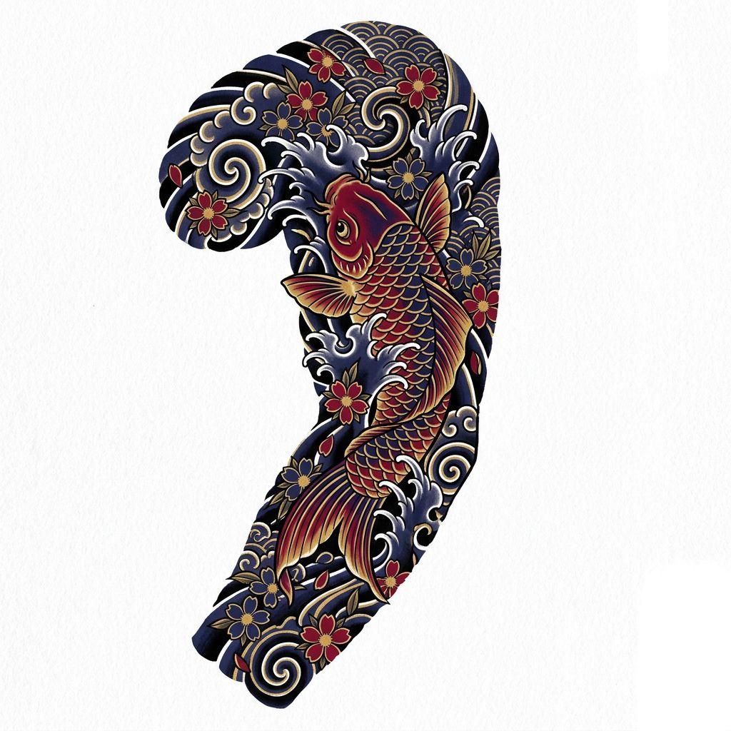 idée tatouage emplacement bras japonais sleeve, design sur fond blanc